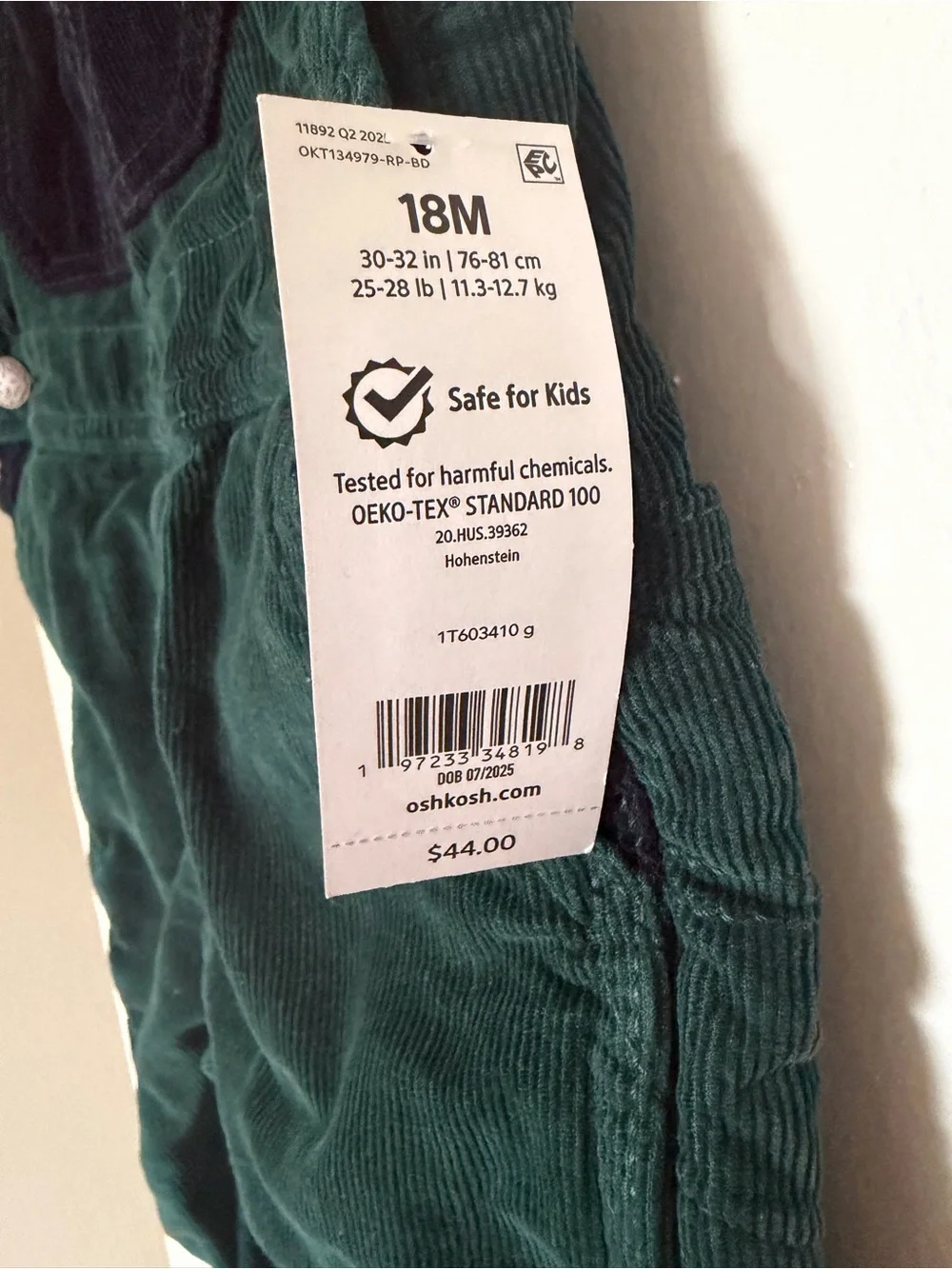 OshKosh B'gosh Dark Green Corduroy Overalls with Navy Trim